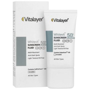 ویتالایر فلوئید ضدافتاب 50میل SPF50 مدل وایت ویت بی رنگ مناسب پوست های لک دار Vitalayer